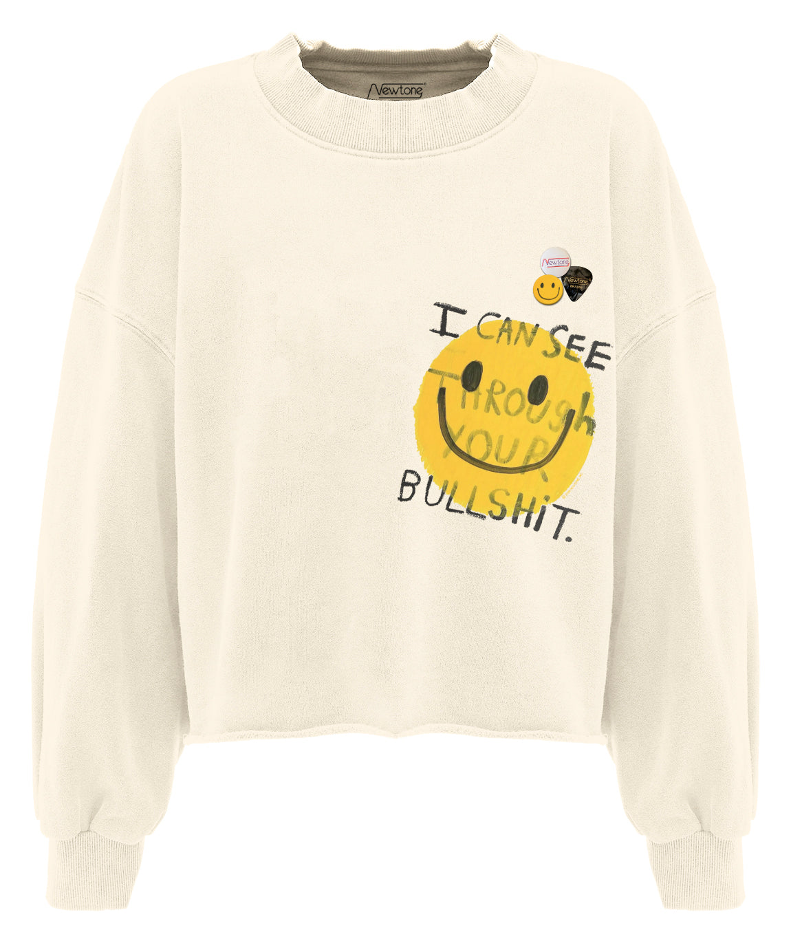 Natural crop sweatshirt with "BULLSHIT" print