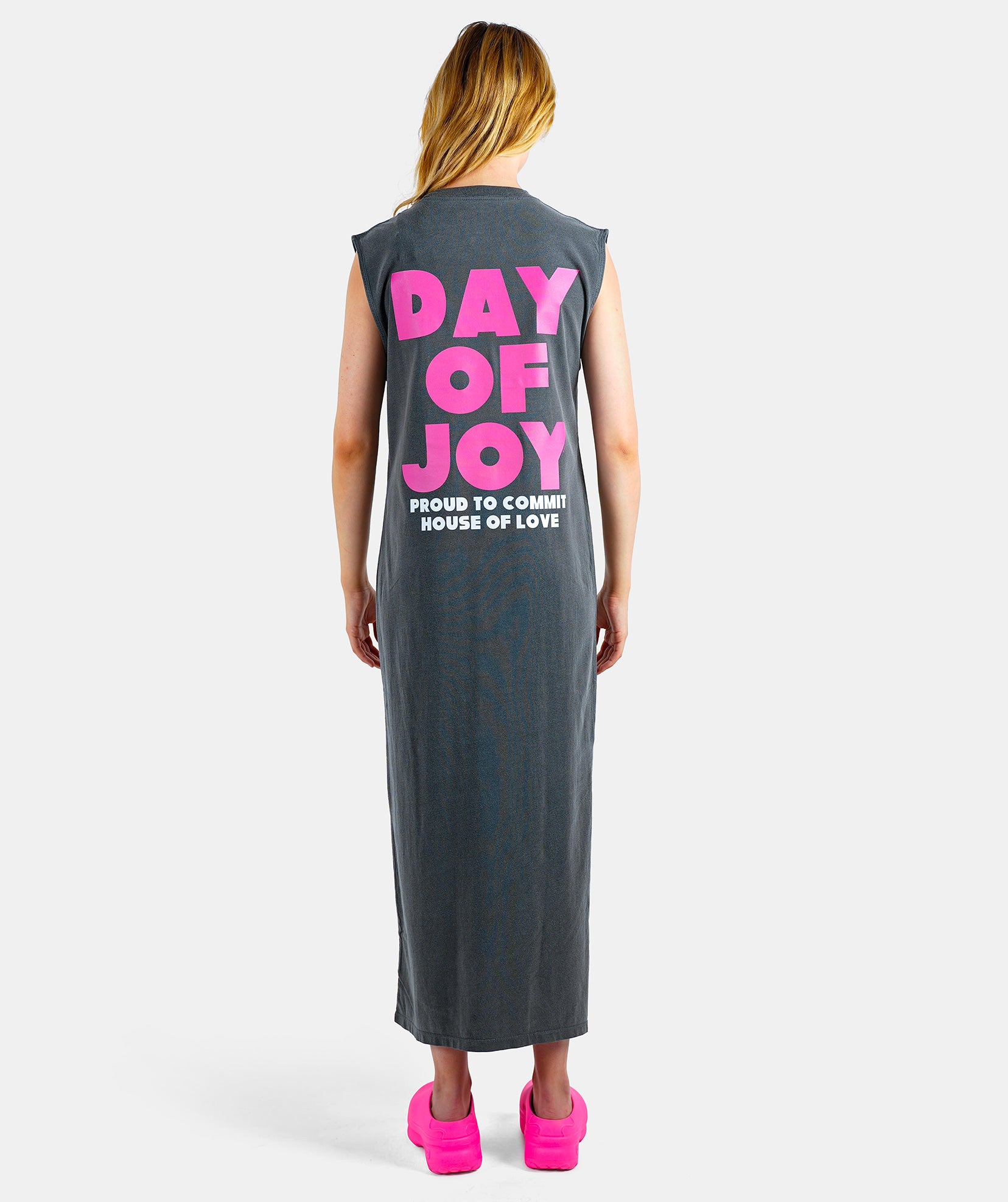 Newtone gray dress with "DAY OF JOY" print