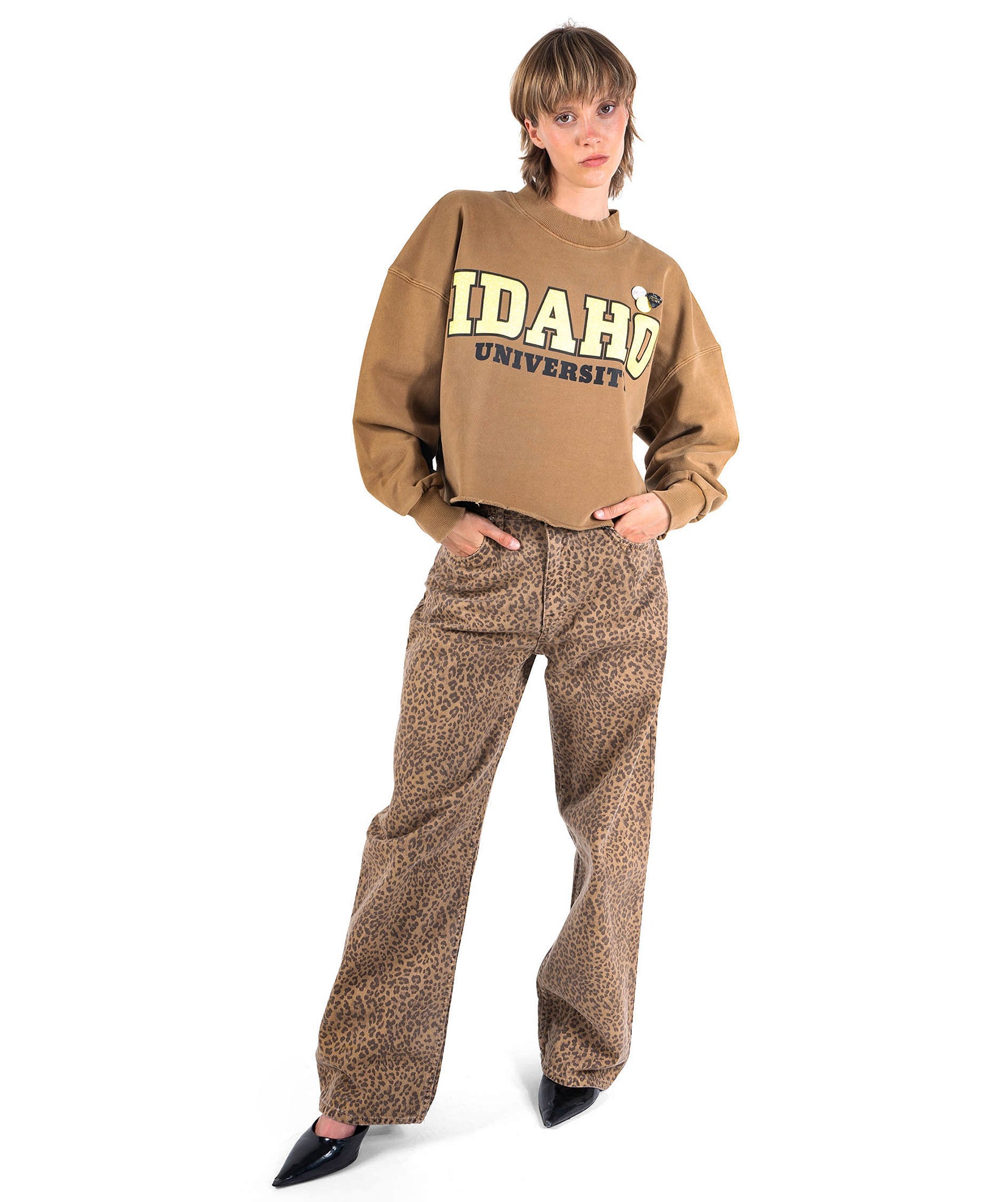 UNIVERSITY" tan crop sweatshirt