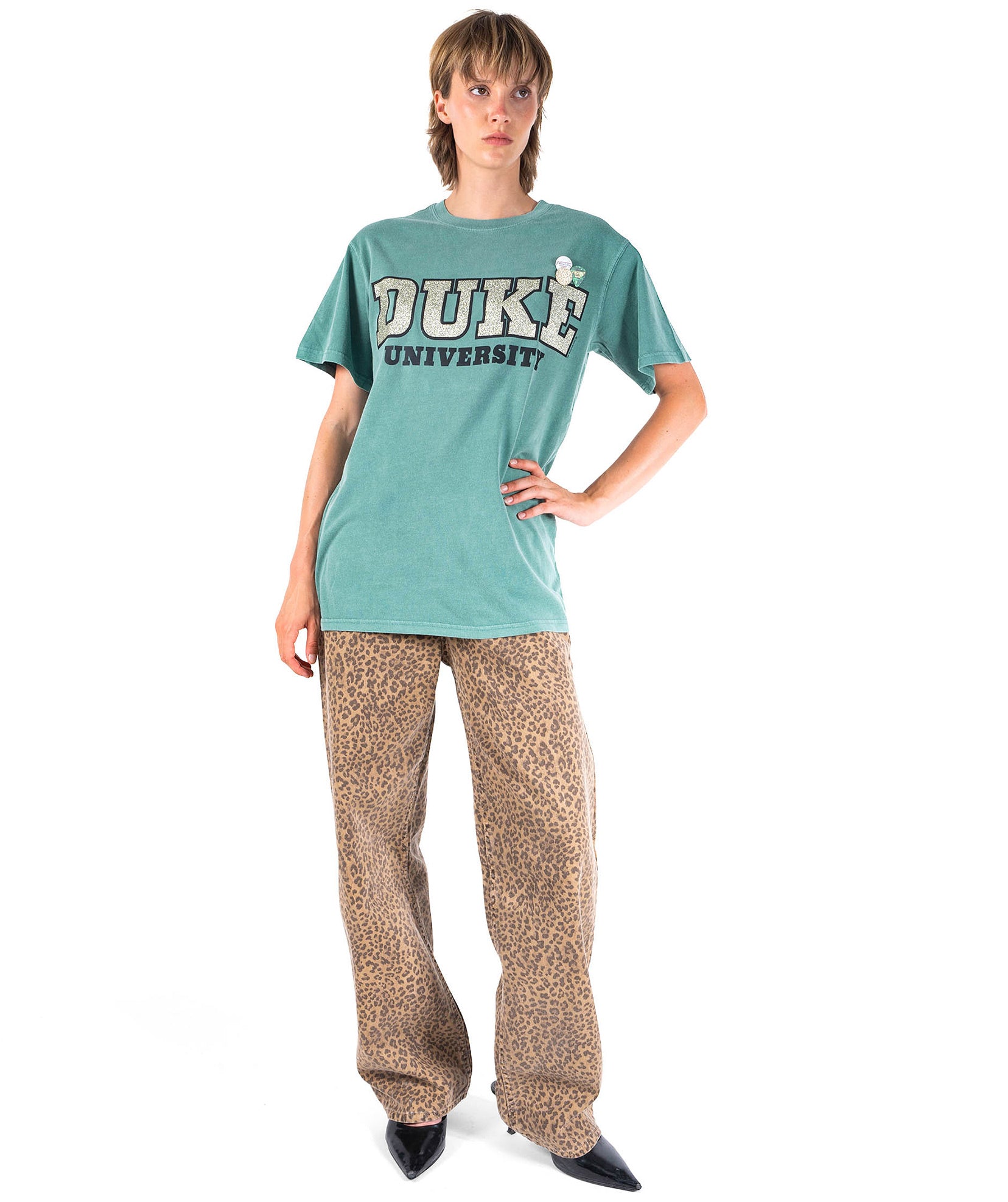 UNIVERSITY" light green trucker tee shirt